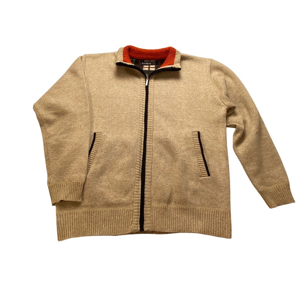 YeoKou Mens Cashmere Wool Blend Full Zip Fleece Lined Sweater SWG-0035 XL Tan